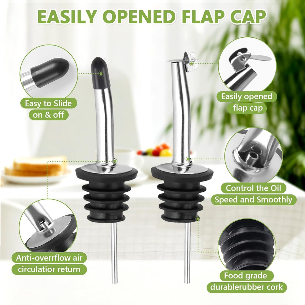 Leaflai Olive Oil Dispenser Bottle, Glass Olive Oil Dispenser and Vinegar Dispenser Set with Stainless Steel Pourers, 4 Labels,1 Brush and 1 Funnel Oil Bottles for Kitchen (500ml)