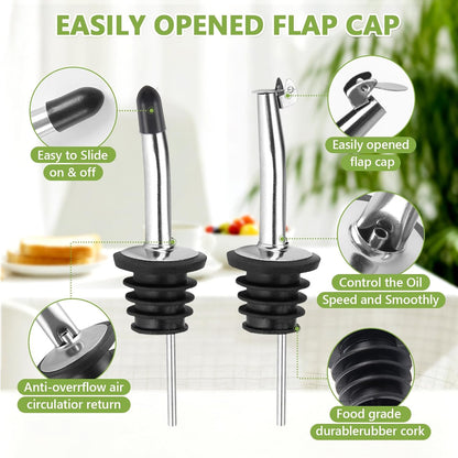 Leaflai Olive Oil Dispenser Bottle, Glass Olive Oil Dispenser and Vinegar Dispenser Set with Stainless Steel Pourers, 4 Labels,1 Brush and 1 Funnel Oil Bottles for Kitchen (500ml)