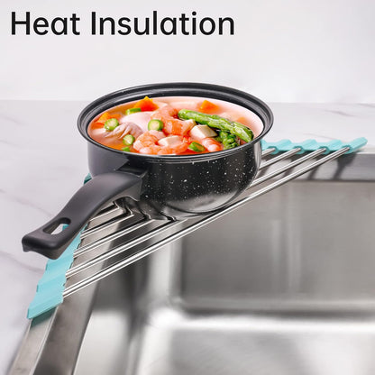 Tomorotec Foldable Stainless Steel Triangle Roll-Up Dish Drying Rack for Small Sink Corners - Over-The-Sink Multipurpose Kitchen Drainer, Rustproof Organizer, Trivet and Shelf - Space-Saving (Black)