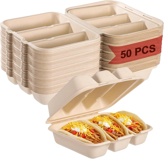 100 PCS Taco Plates Disposable with Lid 8.4 * 7.1 * 3in, 3-Slot Taco Holder, Bagasse Pulp Takeout Food Holders for Tacos, Hot Dogs, Sandwiches, Outdoor Lunch and Party Serving (100Pcs)
