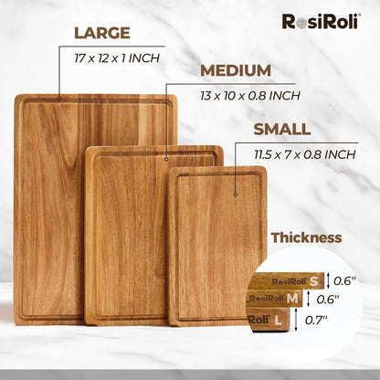 Acacia Wood Cutting Board for Kitchen, Set of 3 - Durable Thick Chopping Boards with Juice Grooves & Handles for Prep & Serving, Impressive Gift for Housewarming, Christmas, and Home Chefs