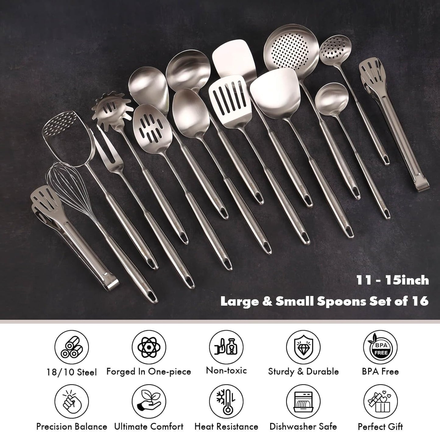 18/10 Stainless Steel Kitchen Utensils Set - 12 PCS All Metal Cooking Tools & 15″ Serving Utensils - Potato Masher, Meat Fork, Tongs, Turner, Pasta, Serving Spoon, Skimmer, Ladle, Spatula Spoon Set