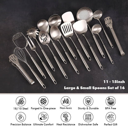 18/10 Stainless Steel Kitchen Utensils Set - 12 PCS All Metal Cooking Tools & 15″ Serving Utensils - Potato Masher, Meat Fork, Tongs, Turner, Pasta, Serving Spoon, Skimmer, Ladle, Spatula Spoon Set