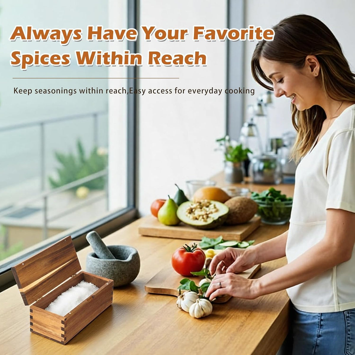Acacia Wood Salt Cellar Spice Box with Magnetic Lid 29oz Large Capacity Salt Organizer 3 Compartments for Kitchen Countertop, Pepper, Seasonings, Spices, Grilling & Cooking