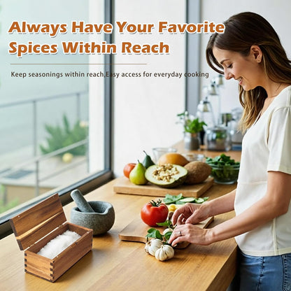 Acacia Wood Salt Cellar Spice Box with Magnetic Lid 29oz Large Capacity Salt Organizer 3 Compartments for Kitchen Countertop, Pepper, Seasonings, Spices, Grilling & Cooking