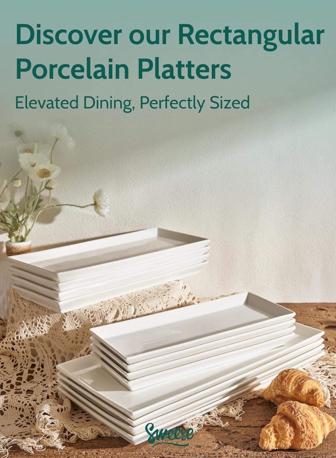 Sweese Serving Platter, 15.5/13.8/11.7 Inch Rectangle Porcelain Serving Trays, Serving Dishes for Entertaining, White Platters for Serving Food Party, Turkey Platter for Thanksgiving, Set of 3