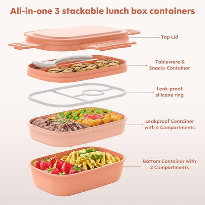 Modern Adult Lunch Box, Stackable Lunch Containers, Minimalist Design Bento Box with Utensil Set - Leak-Proof for Dining Out, Work, School, Picnic