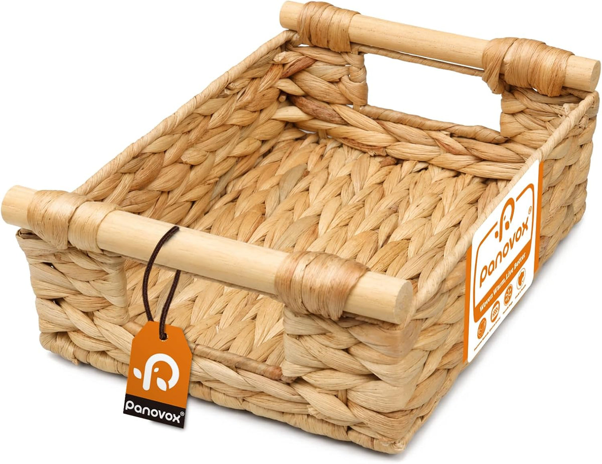 Water Hyacinth Wicker Basket, 13.39*9.45*4.65 Inch Woven Basket with Handles, Wooden Handles Wicker Storage Basket, Rattan Basket for Decorative Baskets, Pantry, Shelves, Gift, Toys - Medium