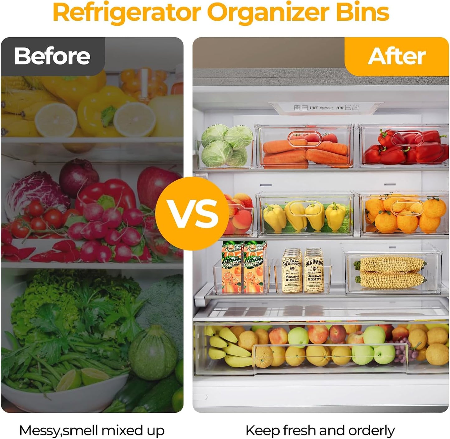 2 Pack Refrigerator Organizer Bins Stackable Fridge Organizer Set with Pull-out Drawer Clear Vegetable Fruit Storage Containers for Kitchen Pantry Organization