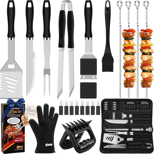 ROMANTICIST 23pcs Heavy Duty Grilling Gifts for Men Dad Fathers Day, Extra Thick BBQ Accessories Tools Set, Stainless Steel Grill Utensils Kit with Meat Claws,Canvas Bag for Outdoor Camping Brown