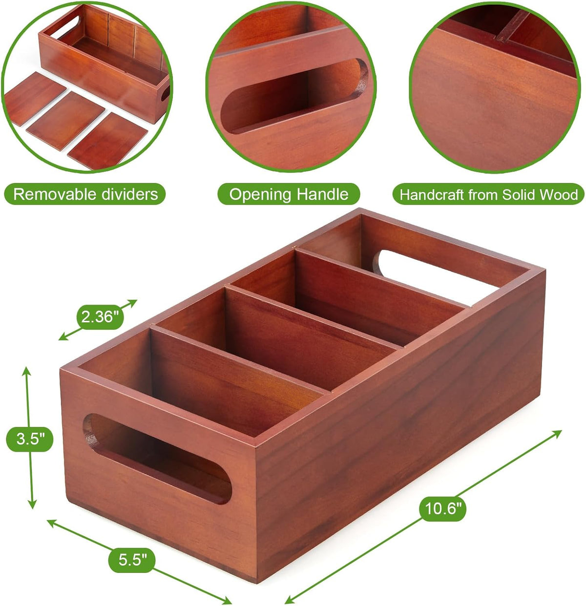 DRASTAR Pantry Organization and Storage Bins, Large Snack Organizer with Removable Dividers, Wooden Storage Caddy for Kitchen, Pantry, Cabinet, Countertop, Black