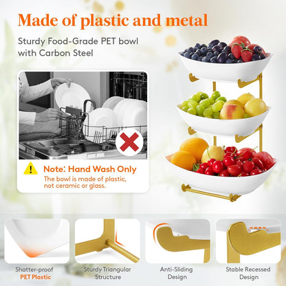 Lifewit Plastic Fruit Bowl for Kitchen Counter, 3 Tier Fruit Basket with Gold Metal Stand, Tiered Fruit Holder for Countertop Serving Tray for Vegetable/Dessert in Party 28 x 21 x 35cm/11 x 8.4 x 14