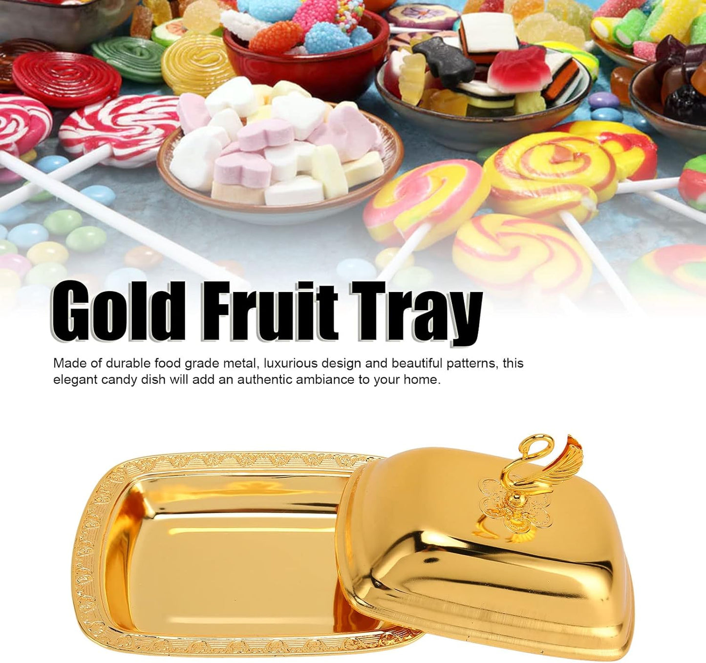 Stainless Steel Serving Tray, 7"x 5" Appetizer Plates with Swan Handle Lid, Fruit Dish Snack Serving Tray Decorative Dessert Platter Candy Holder for Wedding Home Birthday Party (Gold)