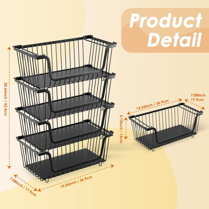 4 Pack Stackable Wire Baskets with Handles for Pantry Organizers and Storage, Fruit and Vegetable wire storage baskets, Potato and Onion Storage Bin, Metal Baskets for Organizing Snacks, Cans (White)