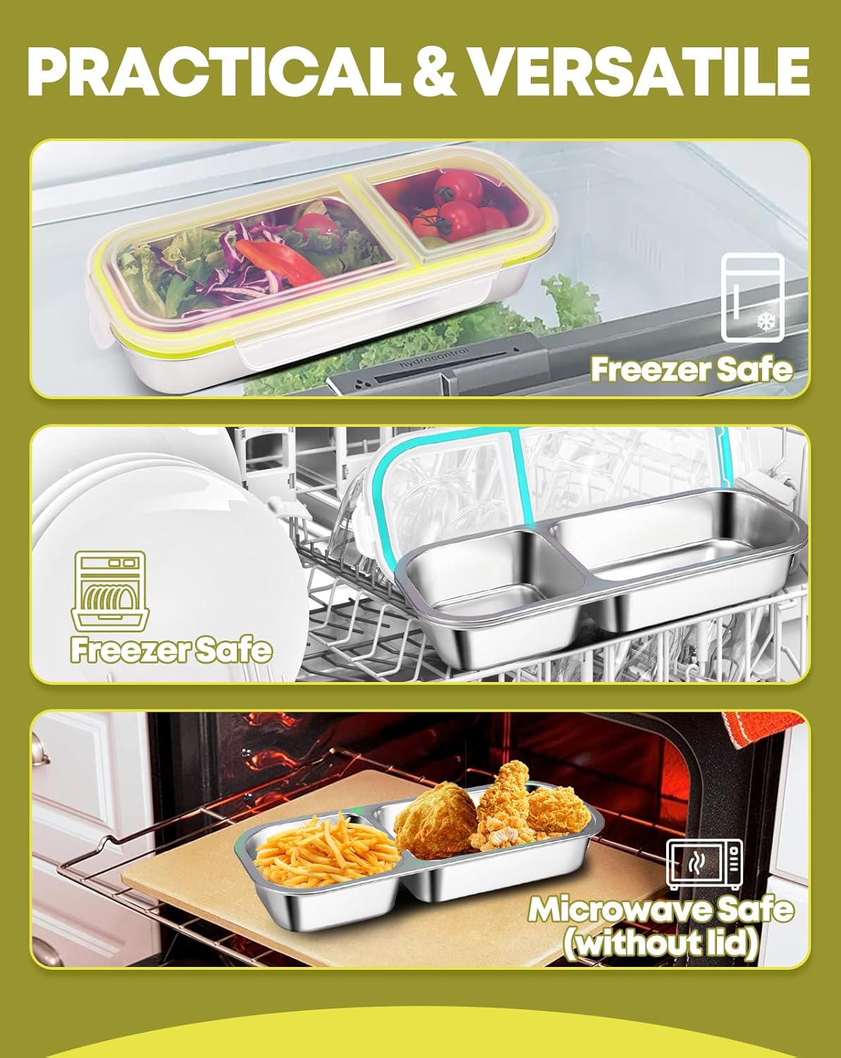 2Pack Stainless Steel Snack Containers for Kids Adults, Reusable 3 Compartment Snackle Box Container with Leakproof Lids Metal Bento Lunch Boxs Food Storage Containers for Travel Picnics Office School