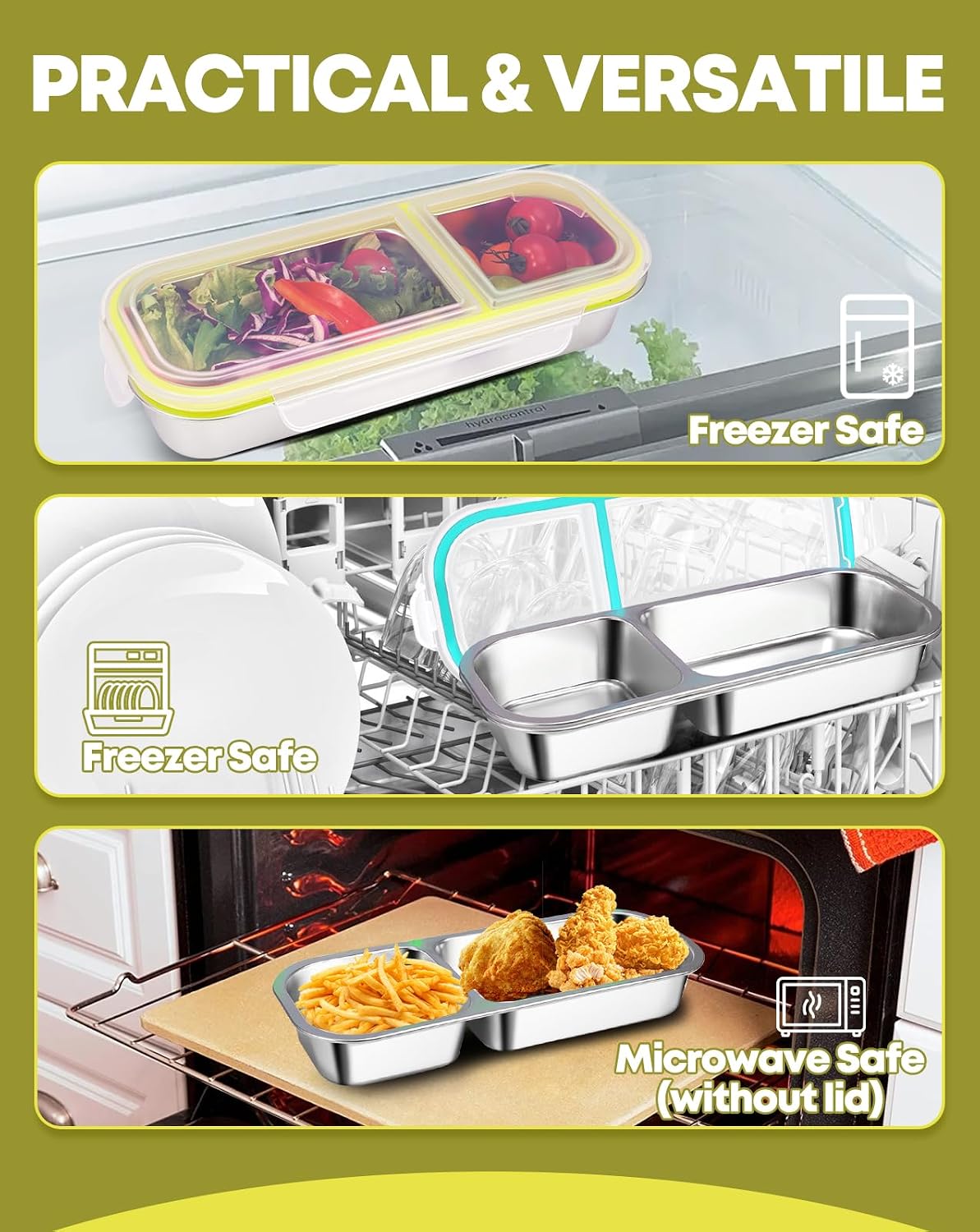 2Pack Stainless Steel Snack Containers for Kids Adults, Reusable 3 Compartment Snackle Box Container with Leakproof Lids Metal Bento Lunch Boxs Food Storage Containers for Travel Picnics Office School