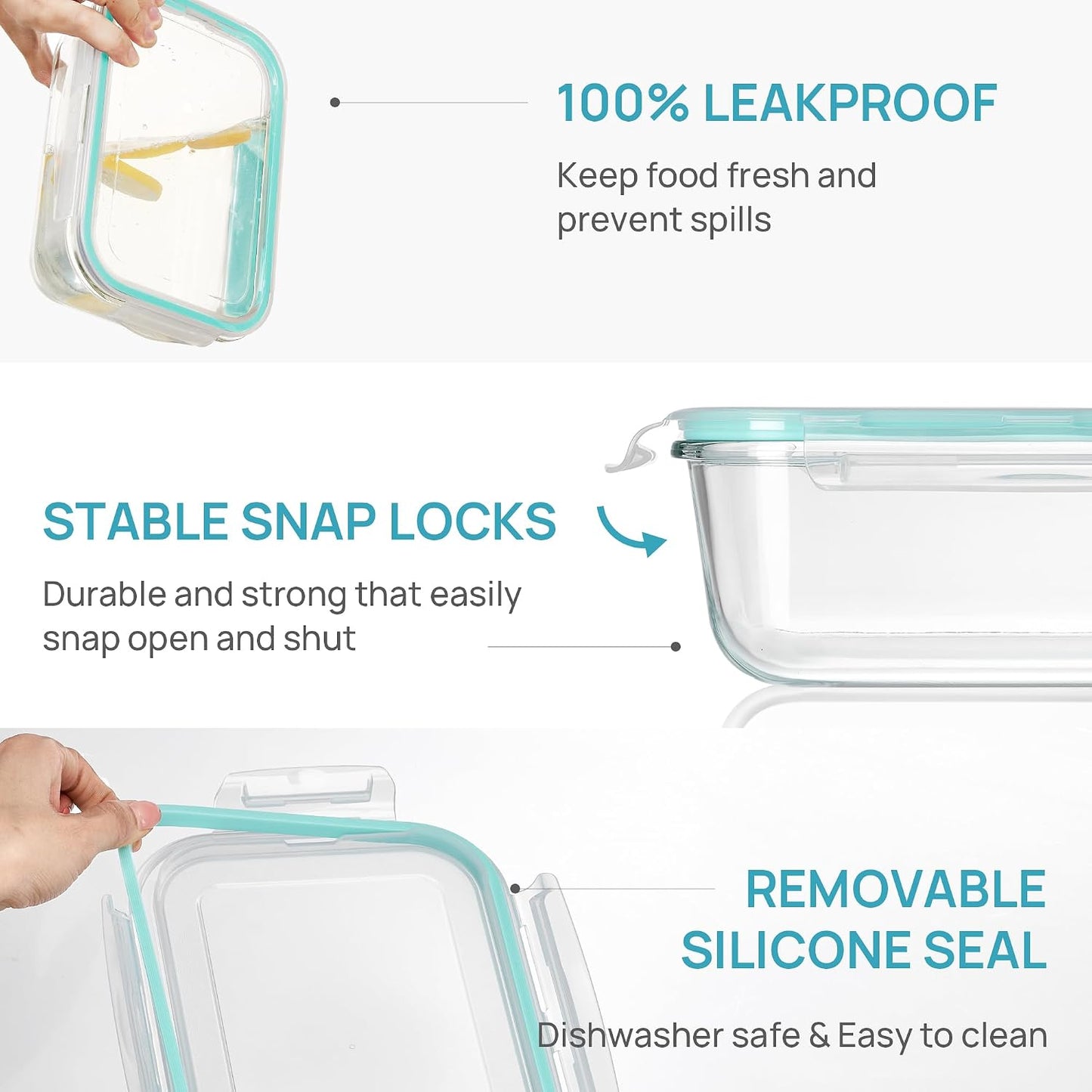 Vtopmart 2Pack 1860ml/63oz Large Glass Storage Containers with Lids, Meal Prep Food Container Set with Snap Airtight Lid for Baking, Microwave, Oven, Leak Proof, for Freezer, Dishwasher, Grey