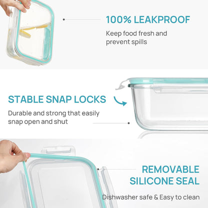 Vtopmart 2Pack 1860ml/63oz Large Glass Storage Containers with Lids, Meal Prep Food Container Set with Snap Airtight Lid for Baking, Microwave, Oven, Leak Proof, for Freezer, Dishwasher, Grey