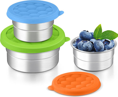 HaWare Stainless Steel Food Storage Containers with Silicone Lids, Leak-Proof Metal Snack Container, Round Lunch Box for Kids Adults, Stackable & Reusable Meal Prep Containers, Set of 3, Multicolor