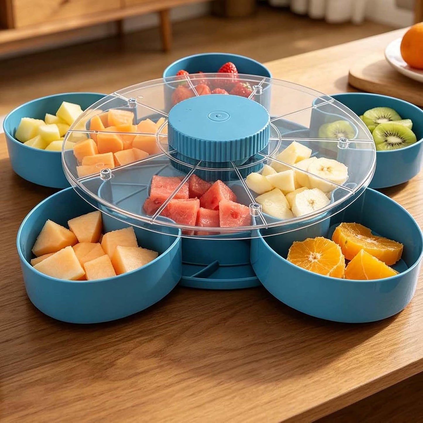 Ymiko 5 Compartment Rotating Snack Tray with Lid Veggie Fruit Tray Vegetable with Dip for Party Appetizers Picnic Kitchen Non Slip Base ABS 9.75in