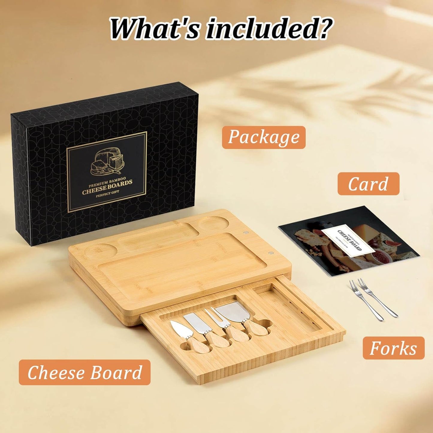 Bamboo Cheese Board Set - Charcuterie Boards and Serving Meat Platter, Cheese Tray with 4 Stainless Steel Cheese Knives Cutting Board Platter, Ideal for Halloween, Wedding, Christmas Gifts