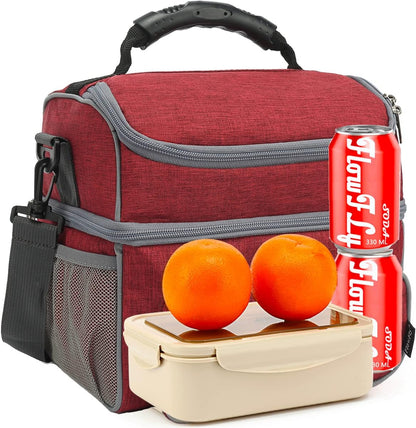 FlowFly Double Layer Cooler Insulated Lunch Bag Adult Lunch Box Large Tote Bag for Men, Women, With Adjustable Strap,Front Pocket and Dual Large Mesh Side Pockets
