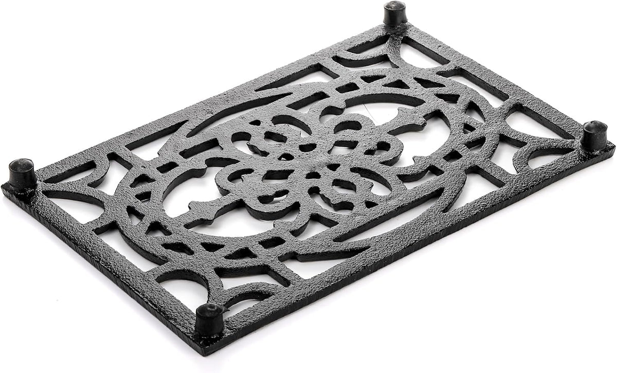 Fasmov 2 Pack Rectangle Cast Iron Trivet, 9.4 x 6.2 Inch Heat Resistant Trivet for Hot Dish Pot Pan Plate Teapot, Decorative Trivet with Rubber Feet, Pot Holders for Kitchen Dining Countertop Table