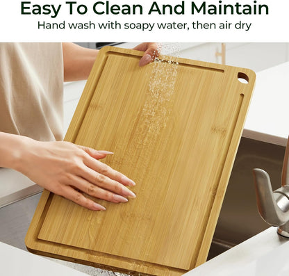 Keechee Wood Cutting Board for Kitchen - Reversible Bamboo Cutting Boards Gift Set of 3 with Juice Groove, Wooden Chopping Board for Meat, Fruit, Vegetables & Cheese (Pre Oiled, Natural)