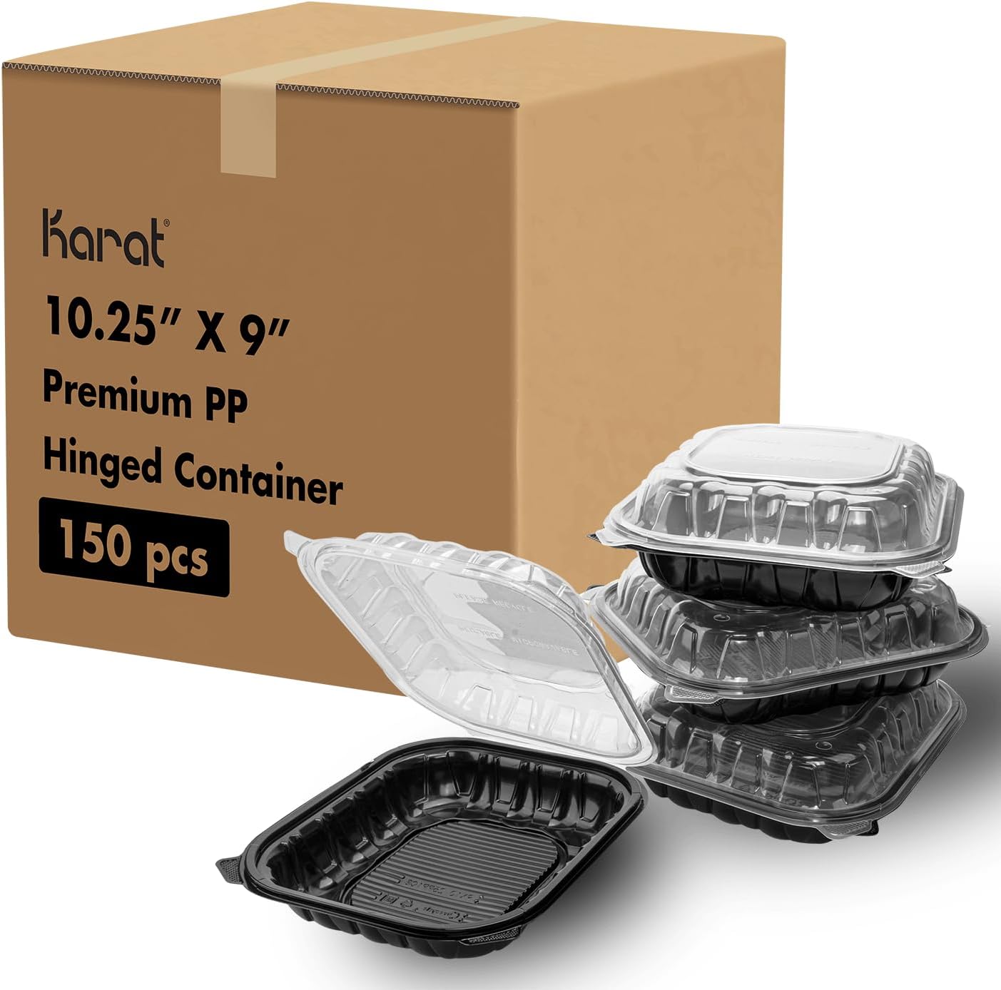 Karat Premium PP Hinged Container [150 ct], Take Out Food Containers - Case (9"x9", 3 compartments)