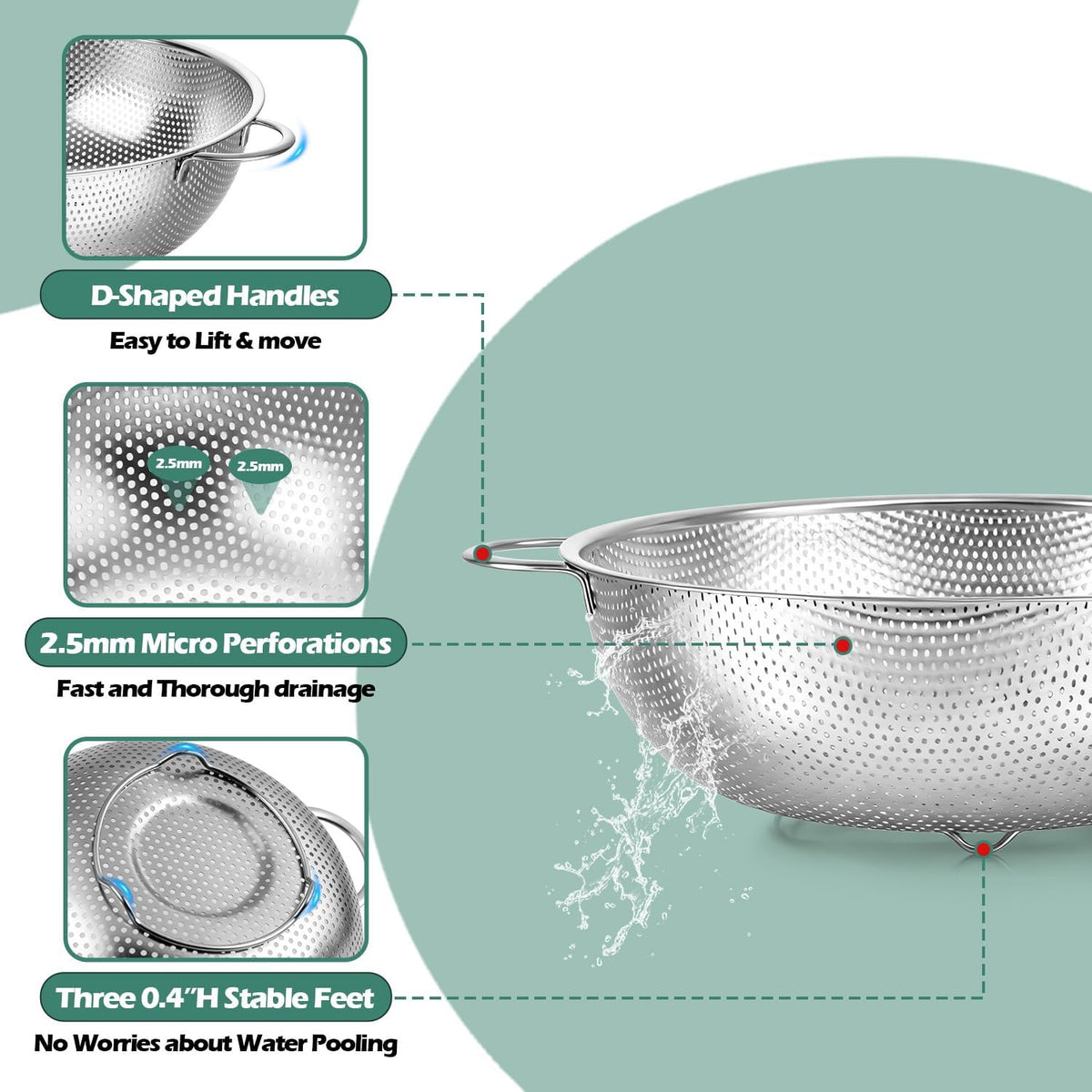 Leonyo Stainless Steel Colanders and Strainer Set, 3 Pack(1-3-5Quart)