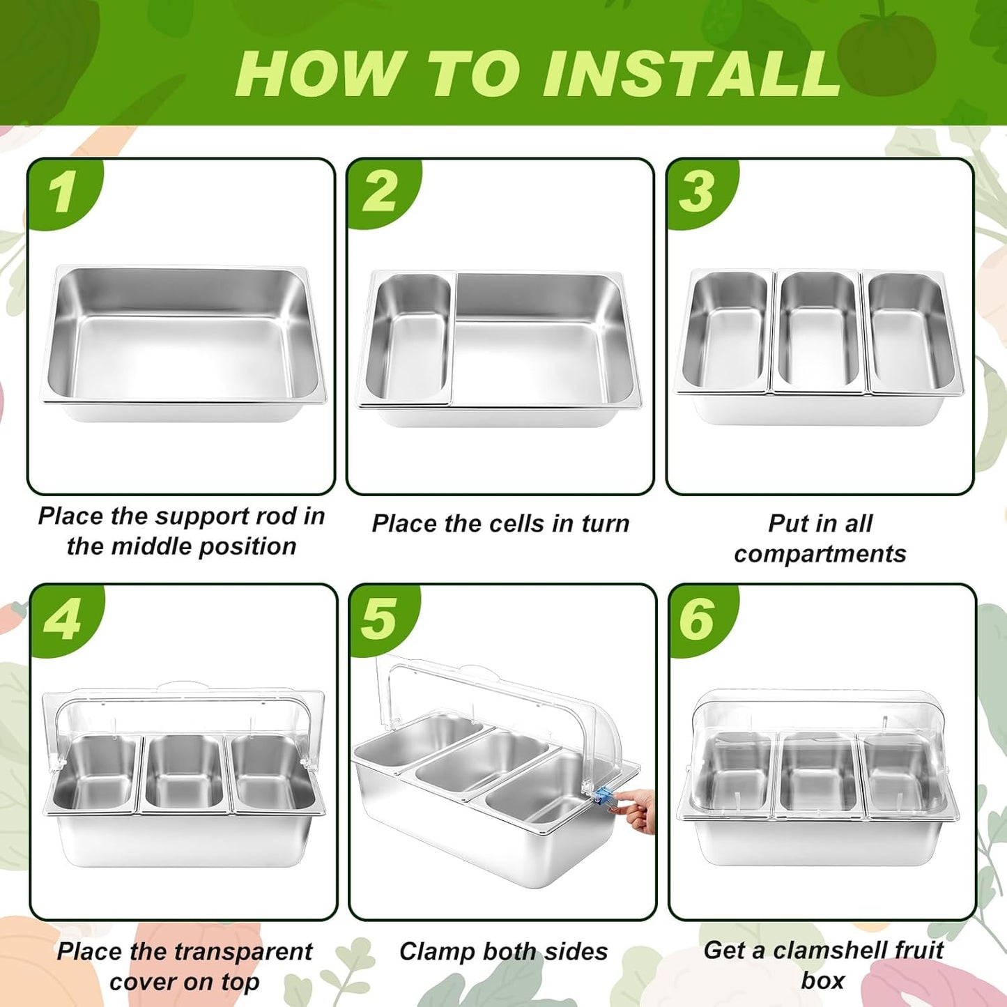 Condiment Tray Stainless Steel Serving Display Set with Lid for Buffet Restaurant Kitchen, Food Chilled Container for Salad Fruit Condiments, Keeps Food Fresh with Ice Box(6 Compartments)