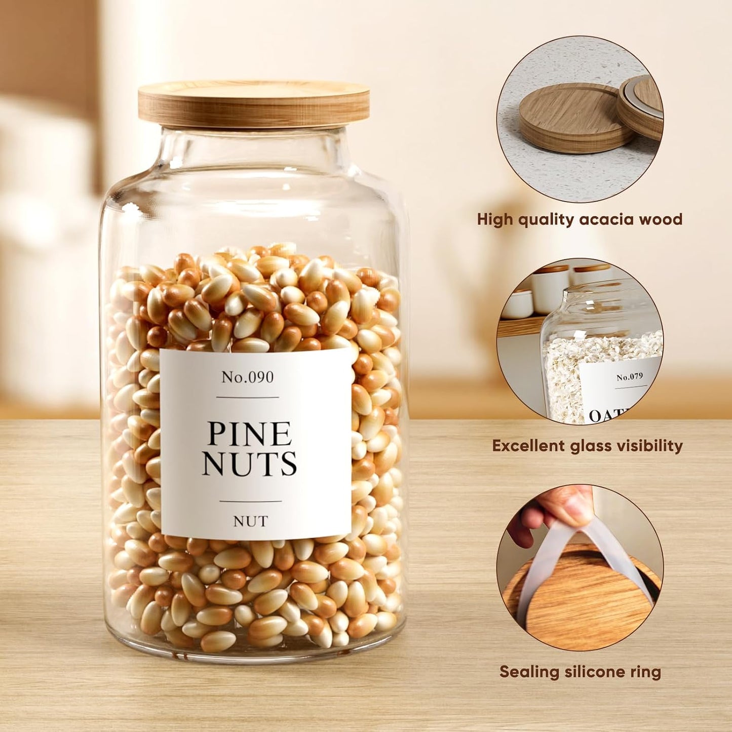 2 PCS Flour Sugar Storage Containers Glass Jar, 4000ml/1 Gallon/4.2 Qt/135oz,Large Glass Food Storage Jars with Wood Airtight Lids,for Tea,Spice,Cereal Rice Flour Pasta Sugar
