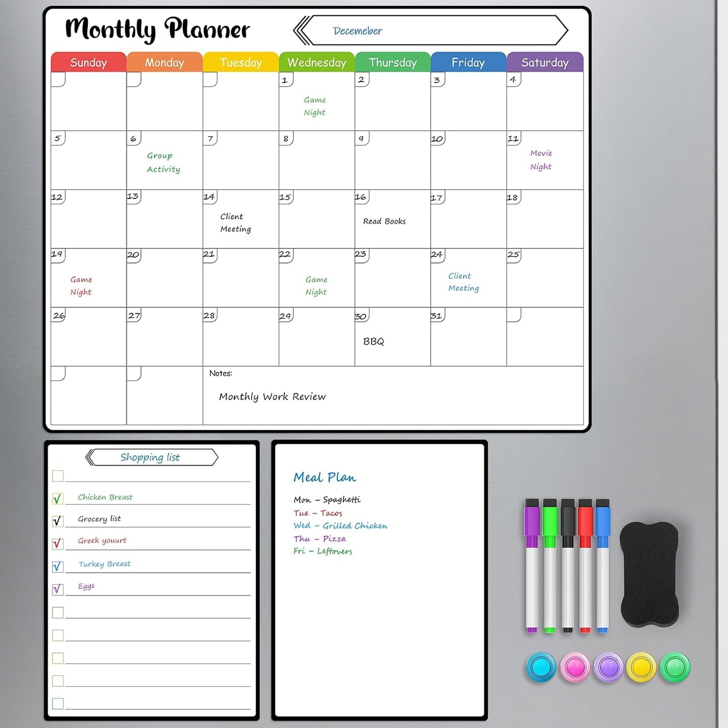 MaxGear 4 Pack Magnetic Fridge Calendar Set, 15" x 11.5" Dry Erase Whiteboard Calendar for Refrigerator, Includes Monthly, Weekly, List and Small Board with 5 Markers, 1 Eraser and 5 Magnets