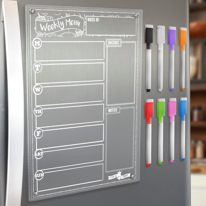 CHALKY CROWN Acrylic Magnetic Weekly Planner for Fridge - Menu Board for Kitchen with 8 Magnetic Markers - Weekly Meal Planner for Fridge with Grocery List & Notepad - Menu Planner (14.5x10.2)