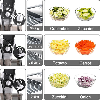 Jonscook All-in-1 Update Safe Mandoline Slicer for Kitchen, Food Chopper with Container, Thickness Adjustable Vegetable Chopper, Potato French Fry Cutter Tomato Apple Slicer Onion (BlackKnight)