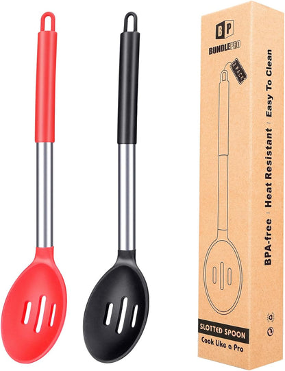 BUNDLEPRO Large Silicone Slotted Spoon, 2 Pack, Gray-Blue