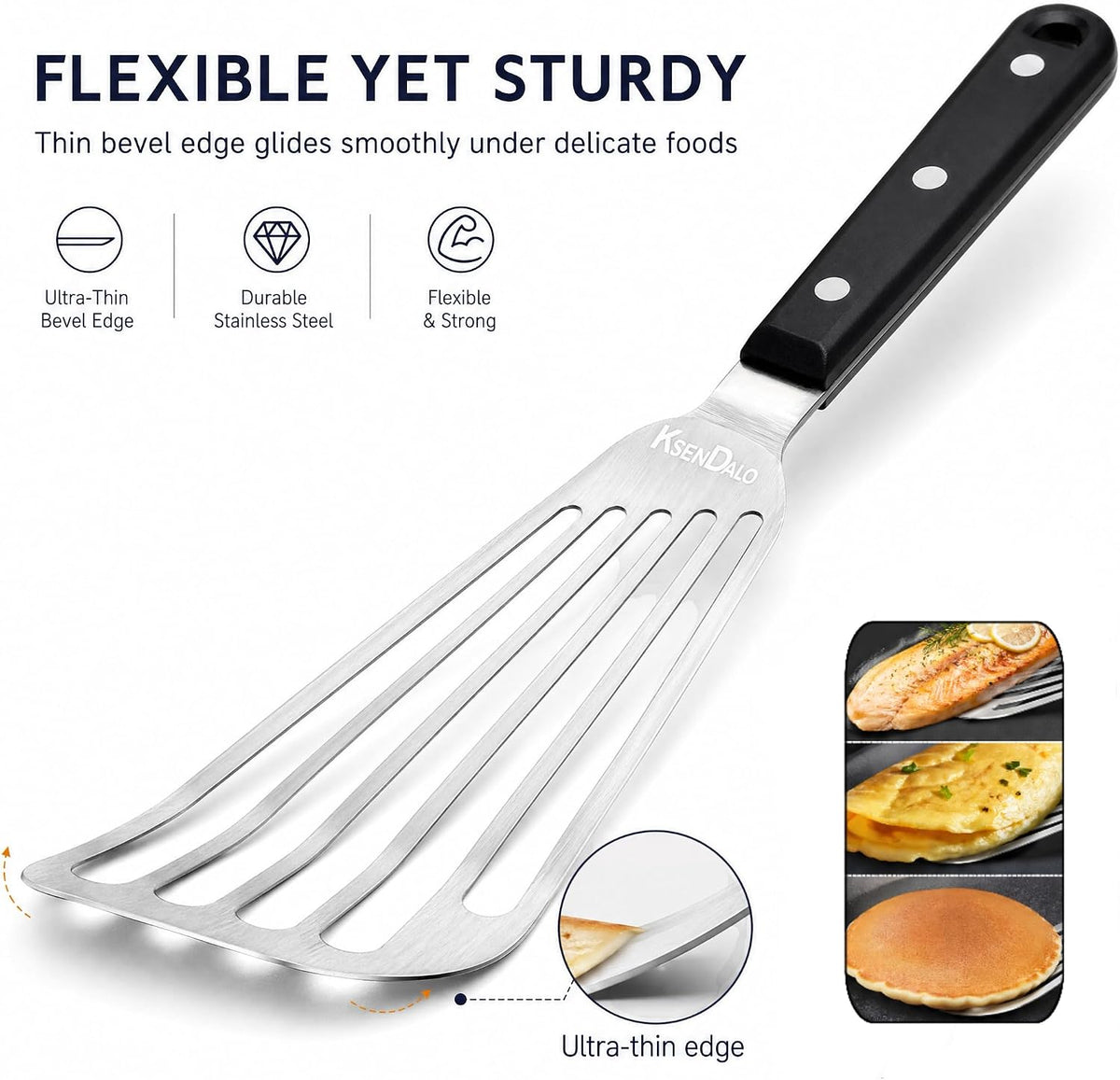 KSENDALO 2 Pack Flexible Fish Spatula Stainless Steel for Kitchen | Egg Turner Flipper, Thin Edged Slotted Angled Blade, 1 Hollow Steel Handle & 1 POM Plastic Handle