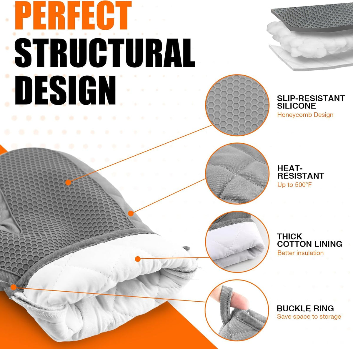 Silicone Oven Mitts, Heat Resistant 2PCS Oven Mitts with Soft Cotton Lining, Waterproof Non-Slip Grip Oven Glove, Kitchen Potholder Mits for BBQ, Baking, Cooking, 12.5 Inch - Grey