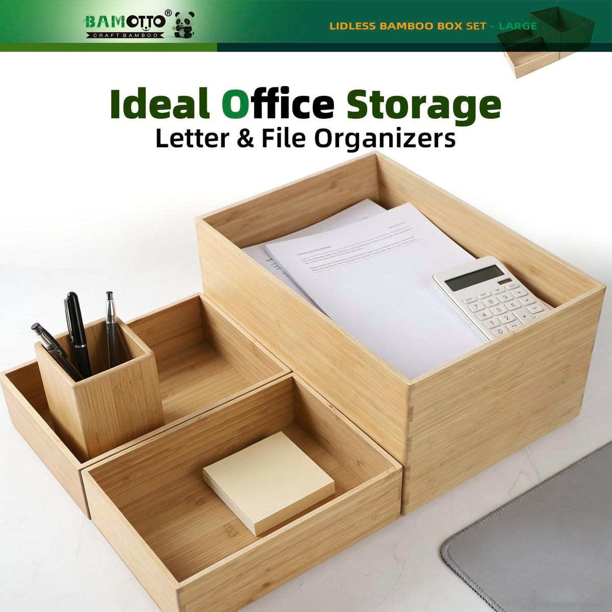 BAMOTTO CRAFTBAMBOO 2-Piece Large Bamboo Storage Box Set - 7.1in High Stackable Deep-Drawer Organizer, Lidless Bin for Kitchen Cutlery Utensils, Home & Office (14.6"x10.2"x7.1"+14.6"x10.2"x3.1")