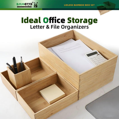 BAMOTTO CRAFTBAMBOO 2-Piece Large Bamboo Storage Box Set - 7.1in High Stackable Deep-Drawer Organizer, Lidless Bin for Kitchen Cutlery Utensils, Home & Office (14.6"x10.2"x7.1"+14.6"x10.2"x3.1")
