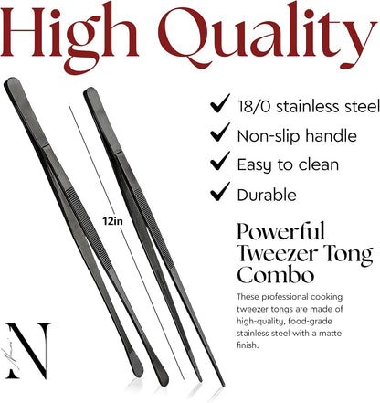 Namre' Tweezer Tongs for Cooking -Plating Tweezers - 2 Pack Stainless Steel Cooking Tongs - Thin Chopstick Tongs (Silver)