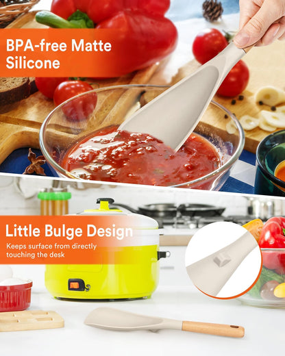 Cooking Spoon for Nonstick Cookwares, Great for Cooking and Serving Sturdy BPA-Free Matte Silicone, Wood Handle Spoon for Mixing, Scoop, and Scrape (Black & Grey, 11.4 inch)