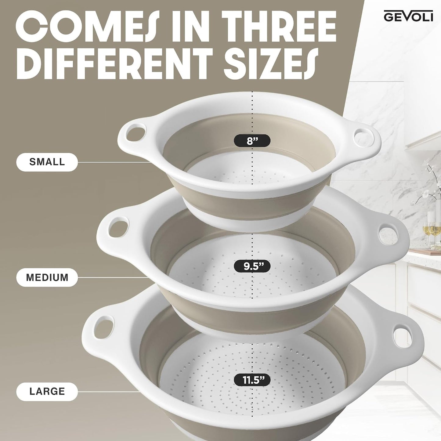 Gevoli 3-Pack Collapsible Colanders with Self-Draining Base, Over Sink-edge Silicone Food Strainers, Small/Med/Large Sizes, Nesting for Easy Compact Storage (3Qt, 4Qt, 5-Quart Set) Green/Gray