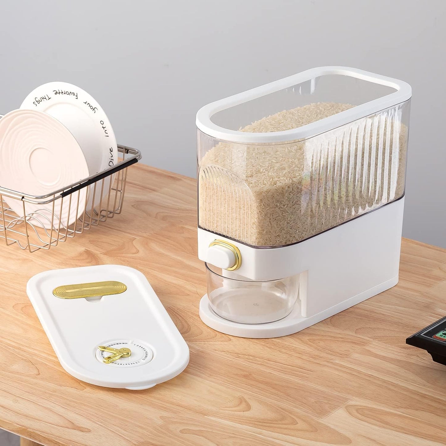 Sooyee Clear Rice Dispenser 11Lb with Measuring Cup | Cereal Dispenser, Food Storage Container, Measuring Cup Included, Kitchen Pantry Rice Soybean Corn cereal grain