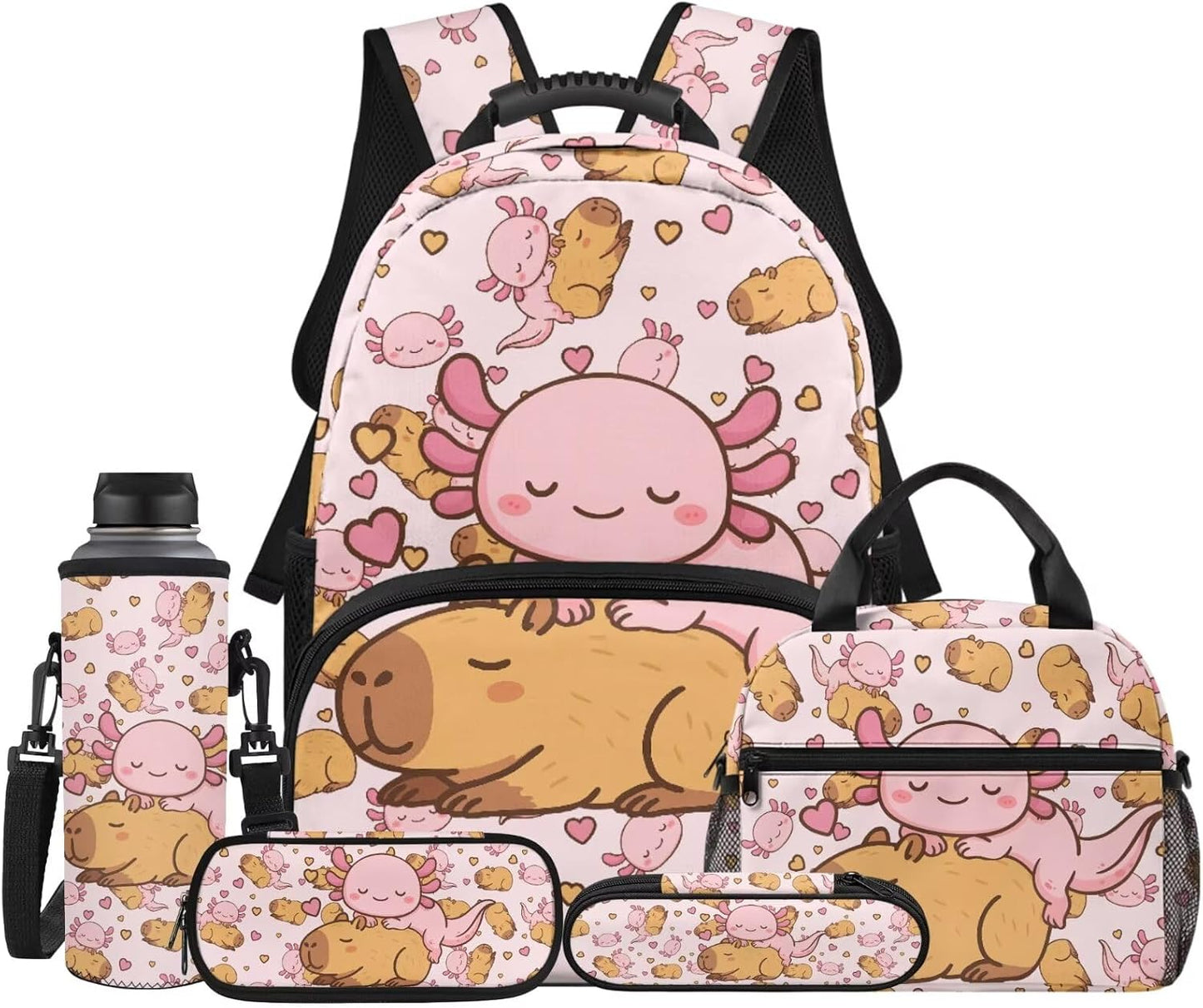 Cute Capybara Pizza Backpack for Girls, 5 Pcs Boys School Bag Set for Kids, 17 Inch Backpacks Lunch Pencil Box Reusable Utensils Case Set for Middle Elementary School, 3rd Grade Backpack