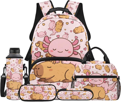 Cute Capybara Pizza Backpack for Girls, 5 Pcs Boys School Bag Set for Kids, 17 Inch Backpacks Lunch Pencil Box Reusable Utensils Case Set for Middle Elementary School, 3rd Grade Backpack