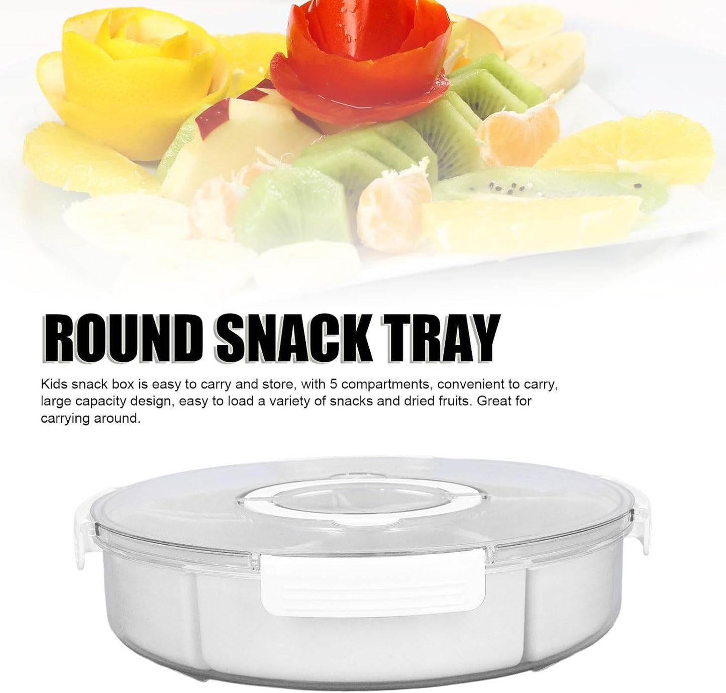 5 Grid Round Rotating Snack Box, Divided Food Storage Container With Lid & Handle, Multi - compartment Serving Tray for Fruit Nut Candy Snack Party Household Use (White)