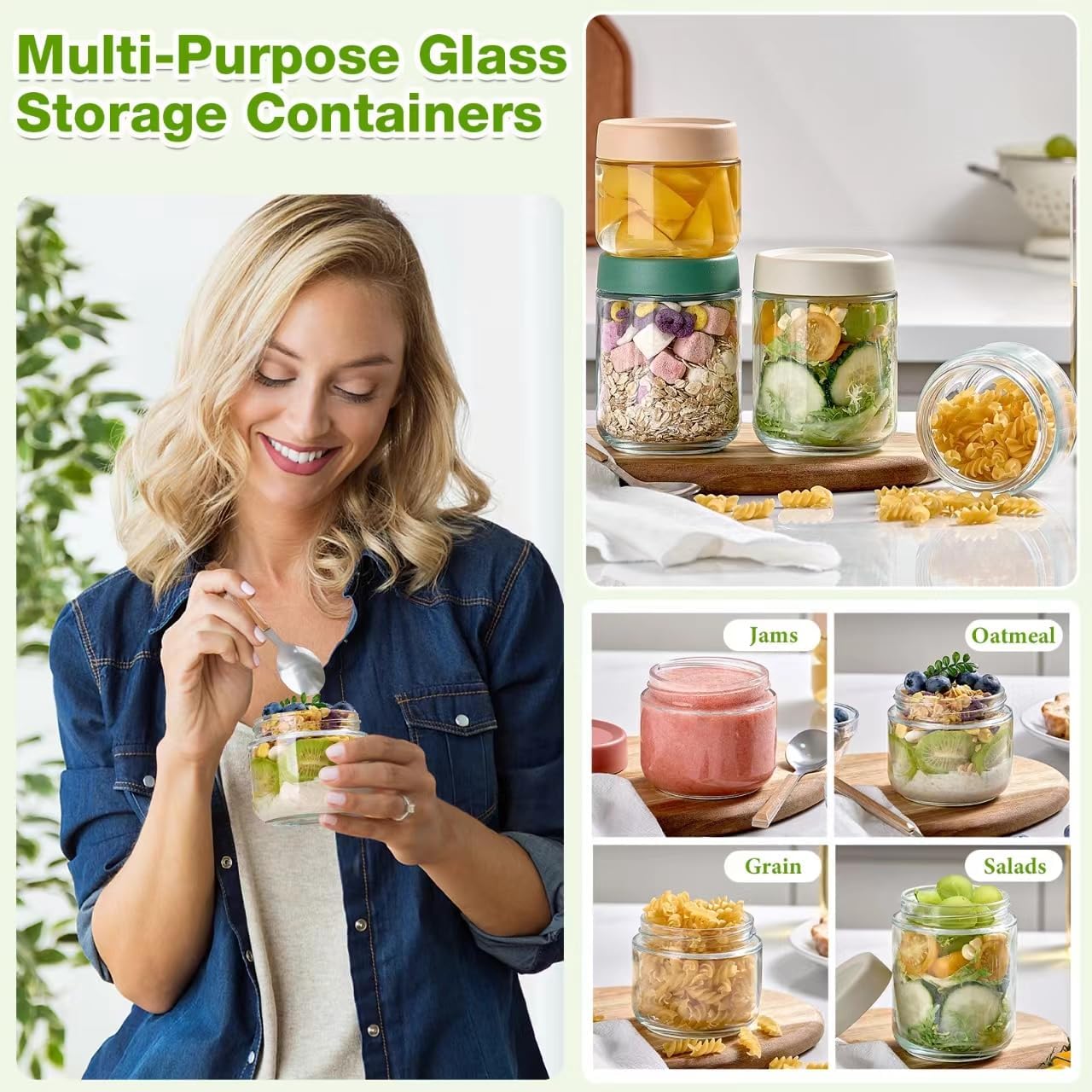 8 Pack Overnight Oats Containers with Lids, Large & Small Glass Mason Jars 16oz & 10 oz, Breakfast Oatmeal Container to Go, Salad Meal Prep Jars for Food Storage, Mush Chia Seed Pudding Jars
