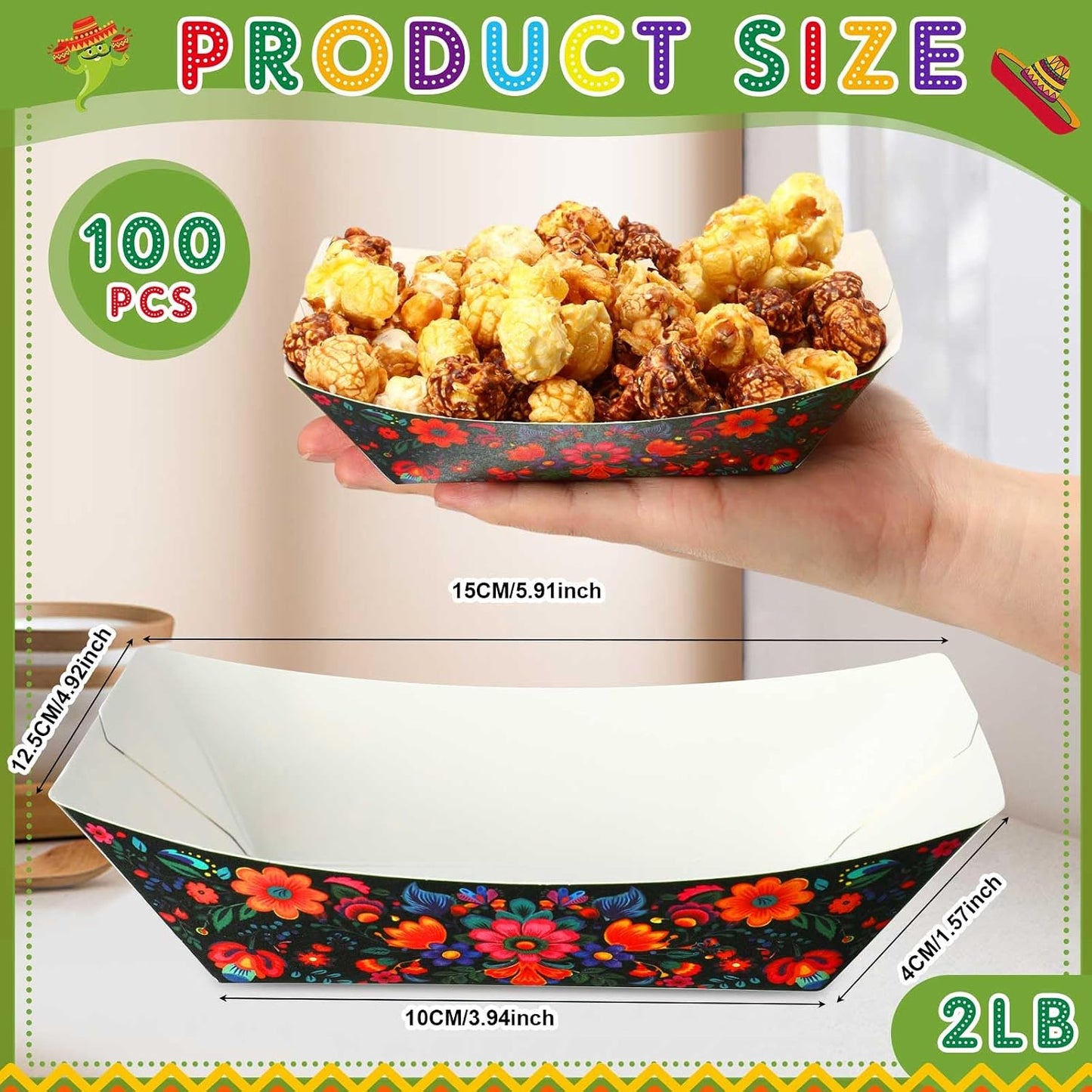 Gejoy 100 Pcs 2 lb Mexican Paper Food Trays Disposable Fiesta Nacho Trays Taco Nights Snack Boats Carnival Food Container Popcorn Holder for Festival Birthday Supplies(Classic)