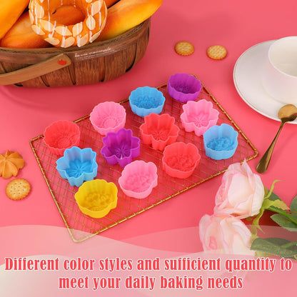 42pcs Reusable Silicone Baking Cups, 7 Styles Flower Shaped Silicone Molds Non-Stick Mini Cupcake Cases & Muffin Liners for Baking Jello Candy Soap Making (Multi-Color)